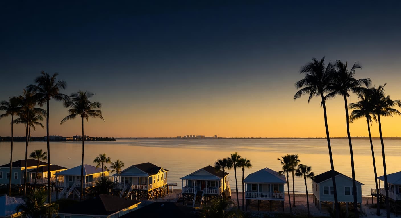 Tampa Bay coastal cottages at golden hour — Florida sunset